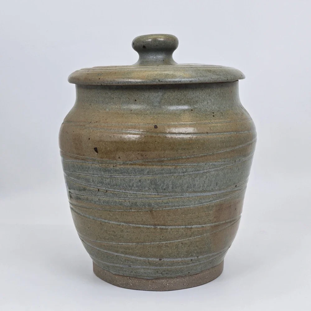 Vintage Studio Pottery Stoneware Canister Jar With Lid Green Brown Speckled 8.5